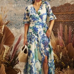 Hope & Ivy - The Catalina Wrap Dress, Blue & Green